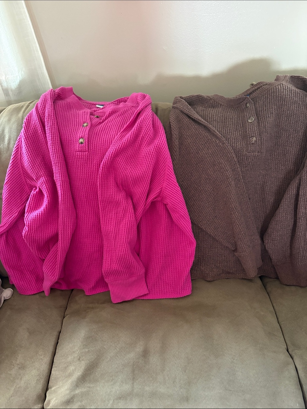 Old Navy Waffle Henley Long Sleeve - Hot Pink & Brown